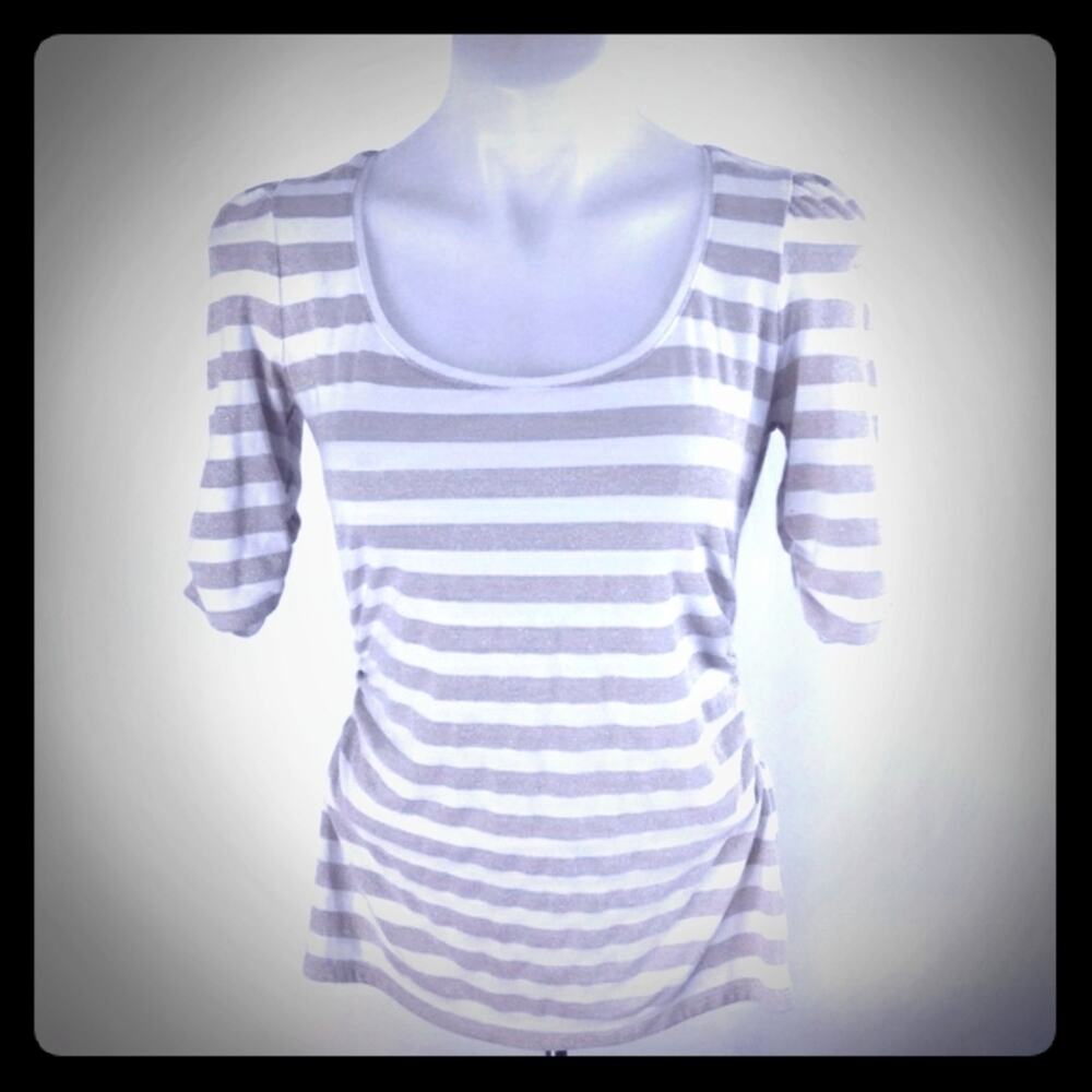 White House Black Market sz S Glimmer at Work in Silver Glittering Striped Top